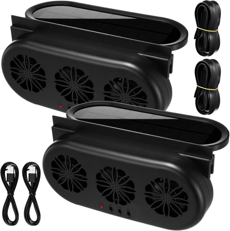 Tujoe 2 Pack Solar Powered Car Exhaust Fan 3 Fans Car Window Air Vent Radiator Solar Energy Cooling Vent Exhaust for General Types(Solar & USB Cable 3 Fans,Black) - Image 1